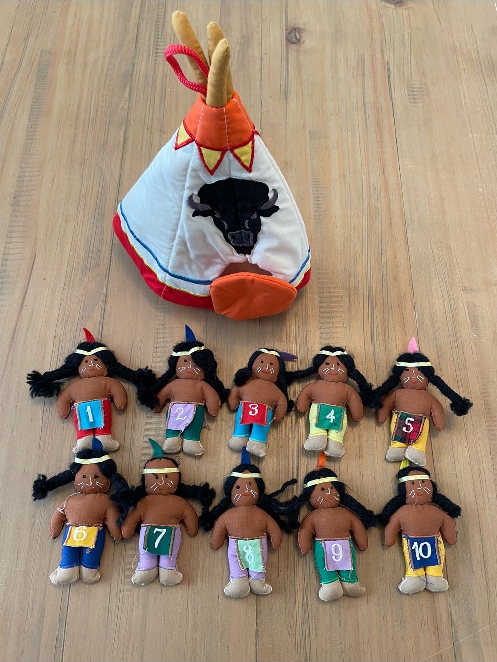 Vintage Plush Counting Doll Set with Teepee 10 Little Indians Native American